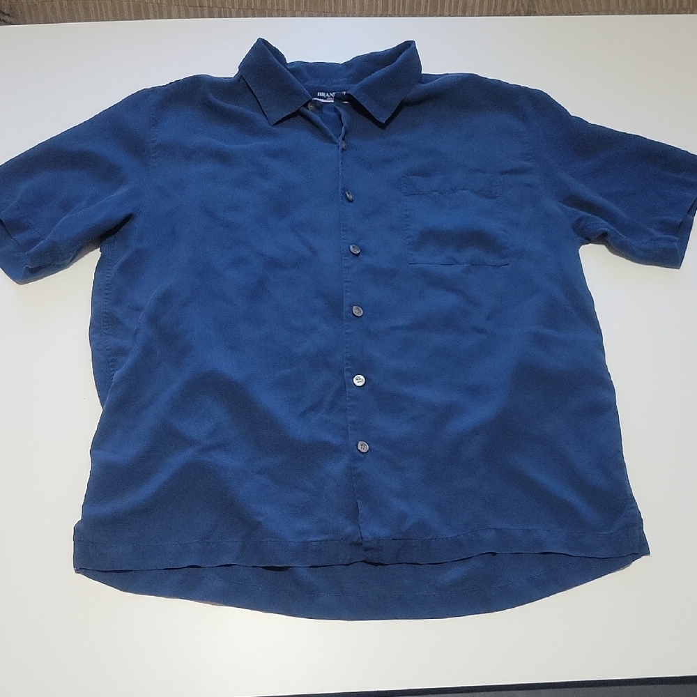 Men's 100% Silk Blue Short Sleeve Pocket Button Down Shirt Sz L